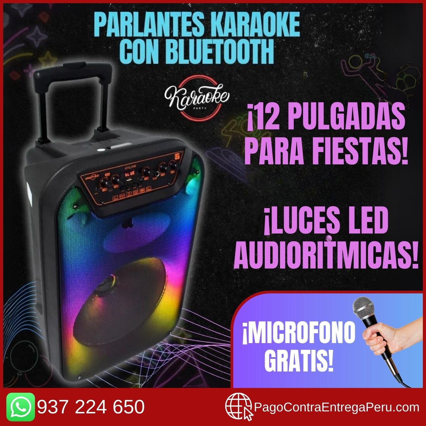 Parlante Karaoke con Bluetooth 12'' con luz LED y micrófono (GTS-1596) + DE REGALO UN AURICULAR HAND FREE