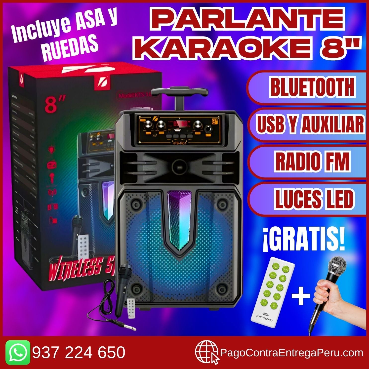 PARLANTE PREMIUM WIRELESS SPEAKER - BLUETOOTH + MICROFONO + CONTROL REMOTO