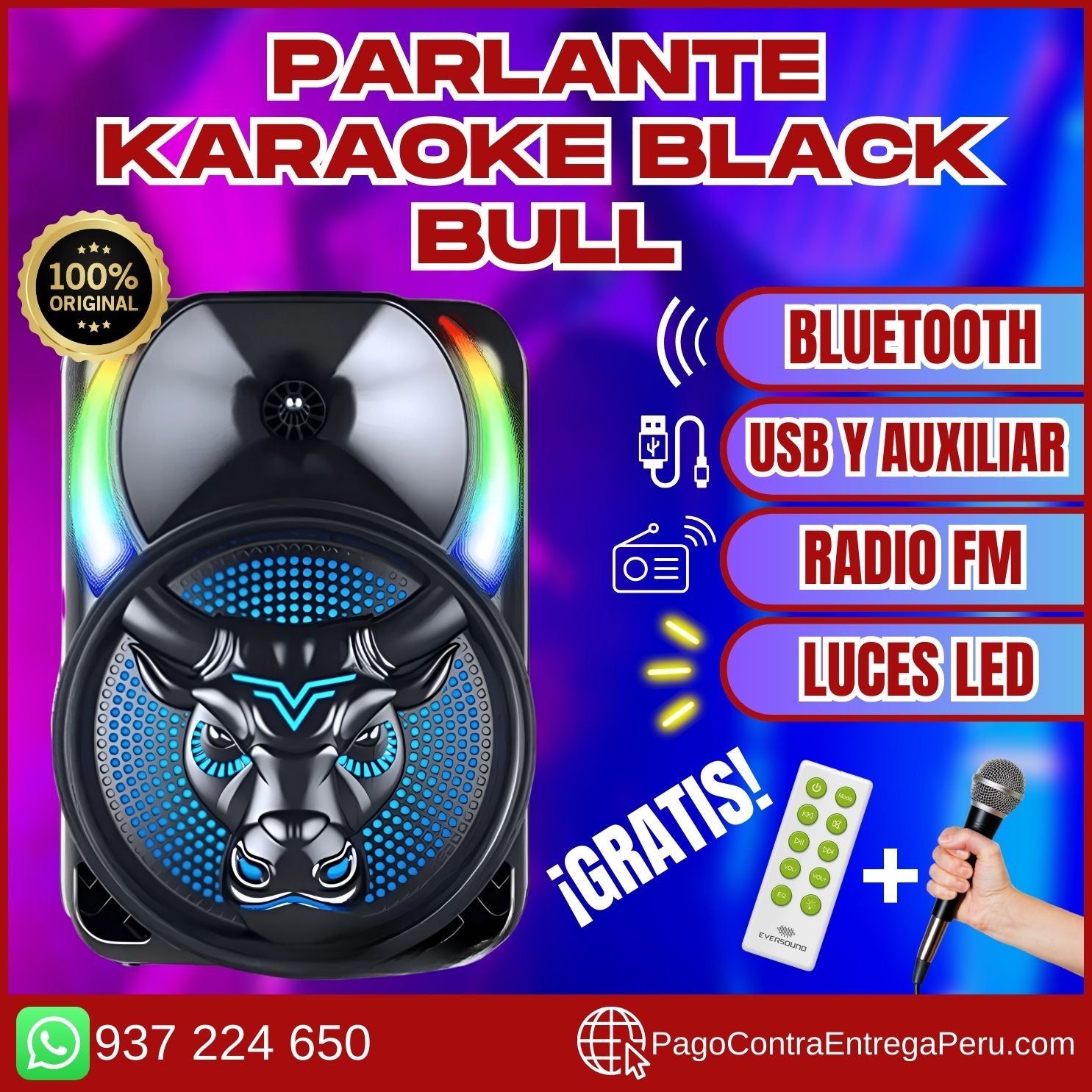 PARLANTE 🐂BLACK BULL🐂 KARAOKE CON LUCES LED Y MICRÓFONO