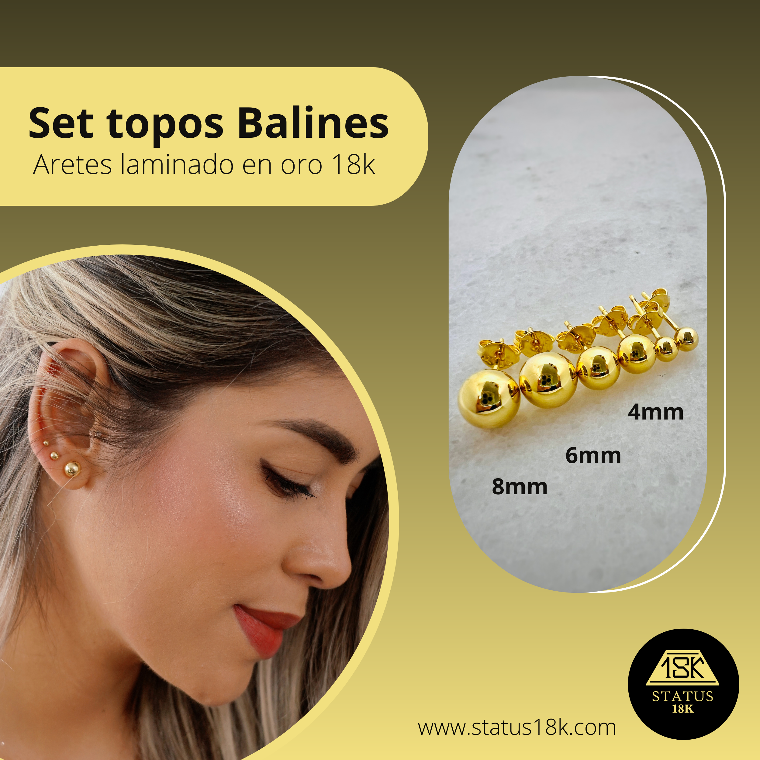 Set de Topos balín (x 3 pares) Oro Laminado de 18k